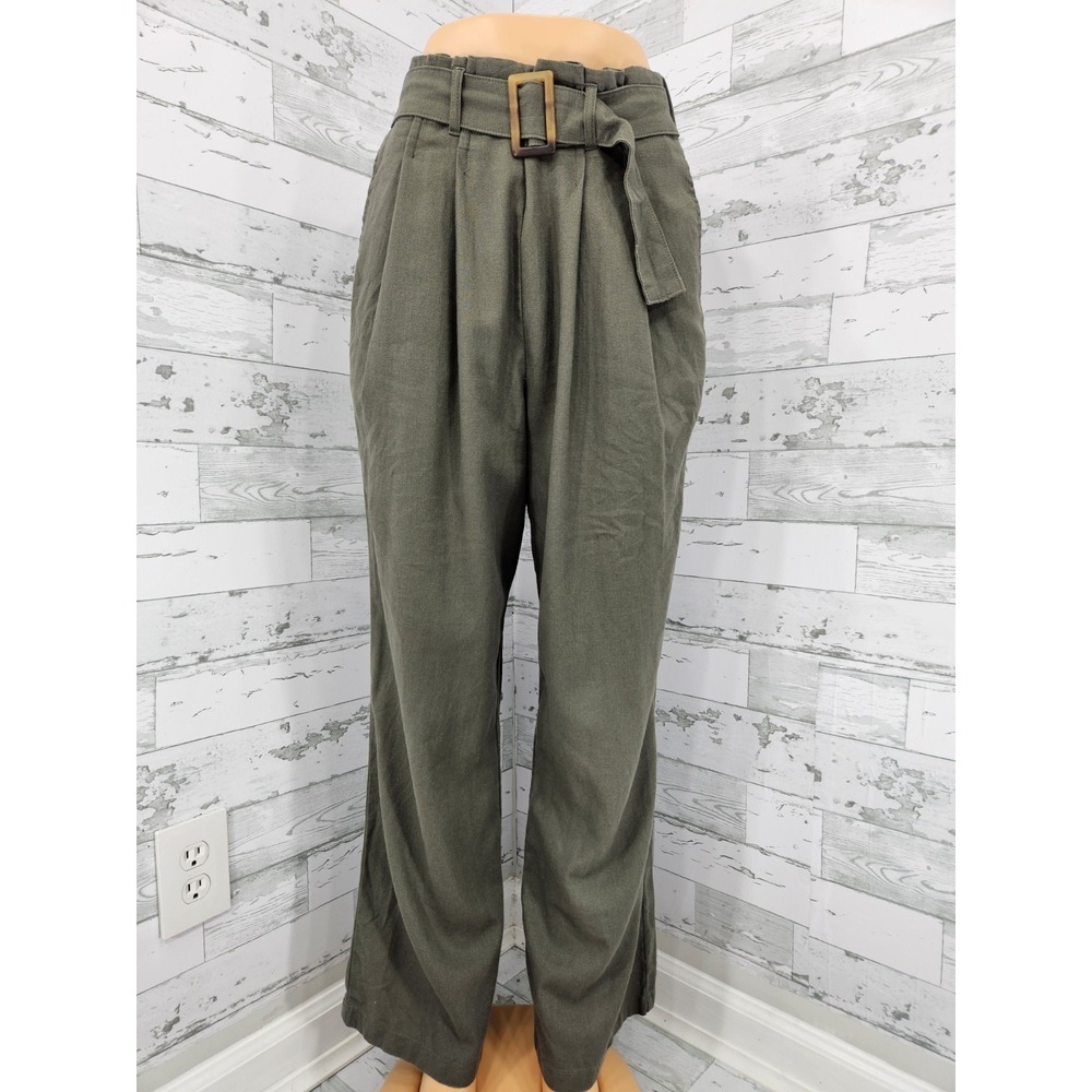 Ci Sono Women's S Belted Pleated Wide‎ Legs Linen Blend Pants Olive Green